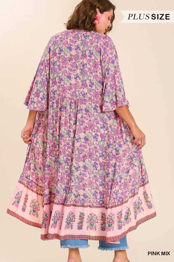 LD-R   {There She Goes} Umgee Pink Mix Floral Kimono PLUS SIZE XL 1X 2X