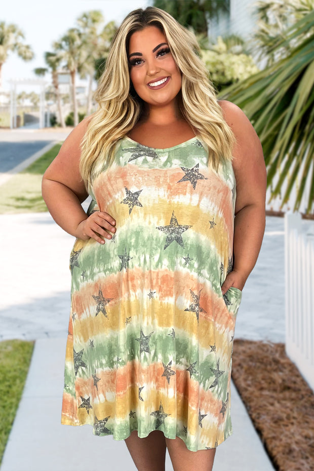 LD-S {Star On Call} Sage Star Print Dress  PLUS SIZE XL 2X 3X