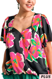 55 PSS {Ready To Party} Umgee Black Fuchsia  Floral Top PLUS SIZE XL 1X 2X
