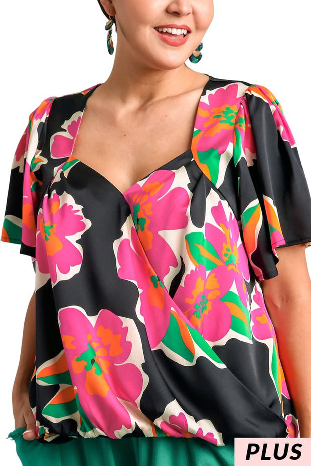 55 PSS {Ready To Party} Umgee Black Fuchsia  Floral Top PLUS SIZE XL 1X 2X