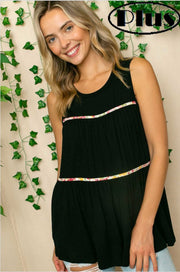 84 SV-B {Pretty Ways} Black/Floral Contrast Tiered Top PLUS SIZE 1X 2X 3X