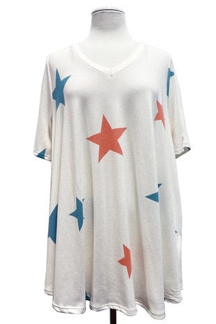 SALE!! 26 PSS-W {Reach For The Stars} Ivory Star Print V-Neck Top PLUS SIZE XL 2X 3X