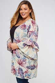 OT-H {I'm On Beach Time} Sangria/Navy/Mustard Cardigan With Palm Leaf Design PLUS SIZE 1X 2X 3X