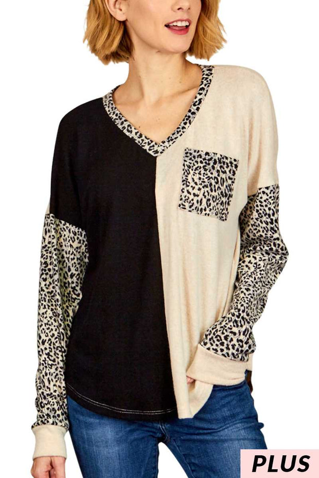 32  CP {Brand New Feeling} Beige/Black Leopard V-Neck Top PLUS  SIZE XL  2X 3X