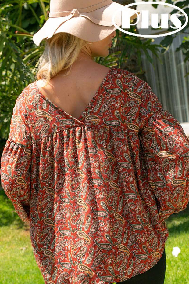 26  PLS {Feeling Sentimental} Rust Paisley Print Top  PLUS SIZE 1X 2X 3X