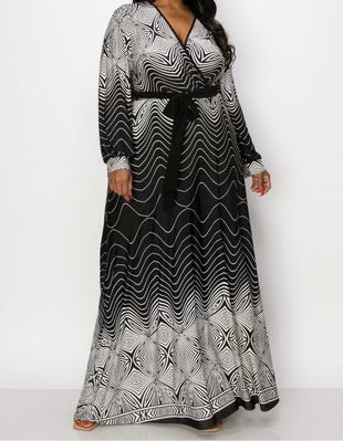 LD-N  {Highlight The Good} Black/White Print V-Neck Maxi Dress PLUS SIZE 1X 2X 3X