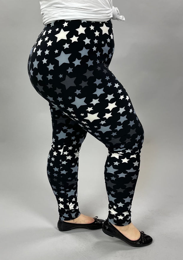 LEG-82 {In The Stars}  Black Star Print Leggings EXTENDED PLUS SIZE 3X/5X