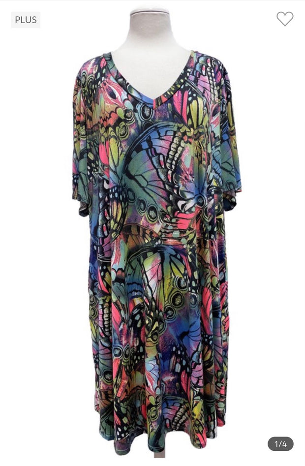 75 PSS-U {Hoping To Fly} Blue Green Butterfly V-Neck Dress   PLUS SIZE 1X 2X