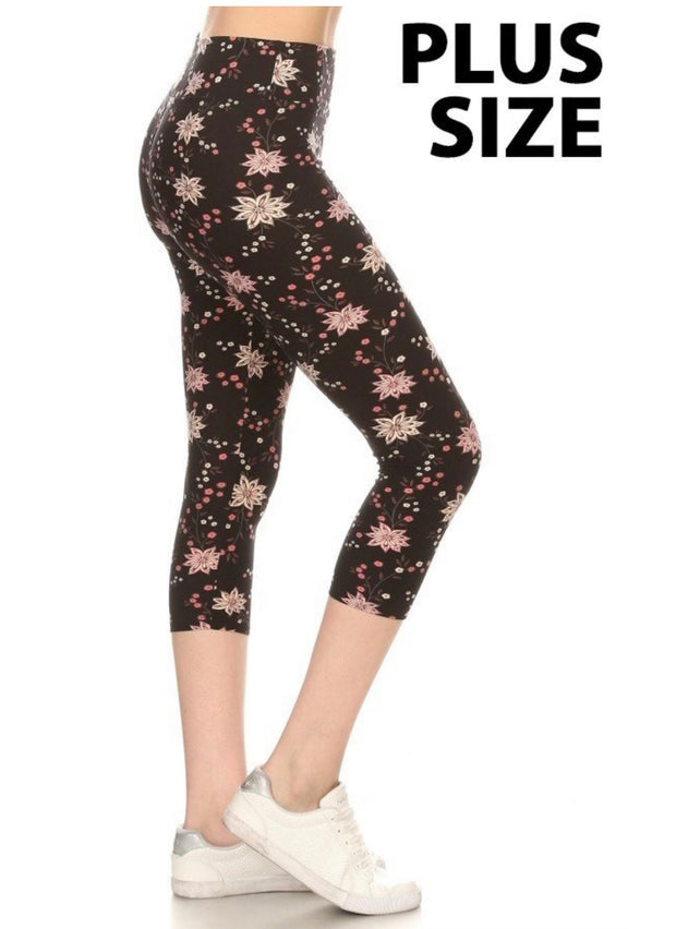 LEG-37 {MVP Moves} Black Pink Floral Butter Soft Capri PLUS SIZE