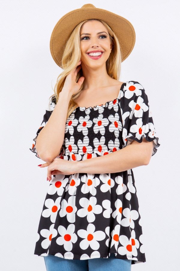 SALE!! 22 PSS-B {Daisy On Display} Black Print Smocked Top PLUS SIZE XL 2X 3X
