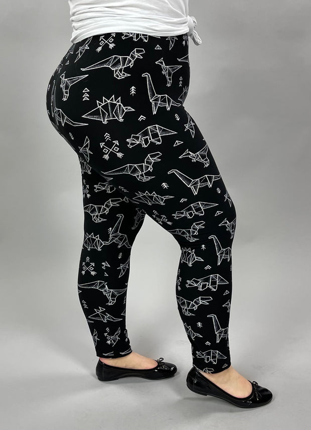 LEG-45 {Dino} Black Dinosaur Print Leggings EXTENDED PLUS SIZE 3X/5X