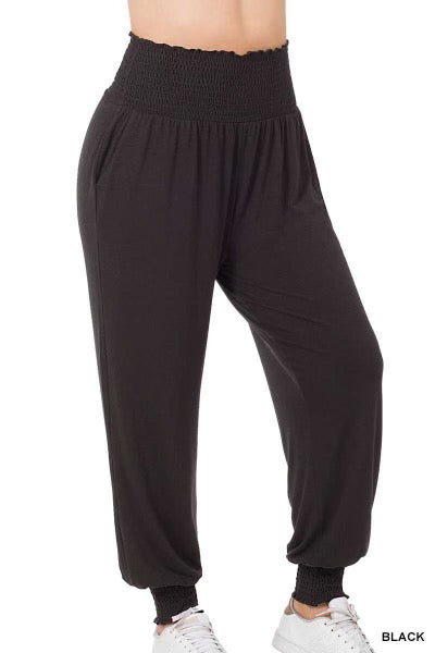 LEG-97 {Going Anywhere} Black Smocked Cuff Jogging Pants PLUS SIZE 1X