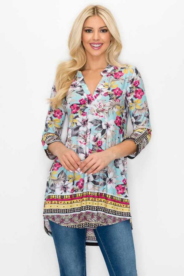 SALE!! 27 PQ-C {Before I Go} Mint Floral Print Roll Tab Sleeve Tunic PLUS SIZE XL 2X 3X