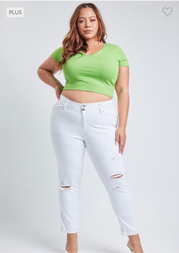 LEG-34 {YMI Wanna Betta Butt} White Ripped Cuffed Ankle Jeans PLUS SIZE 14 16 18 20