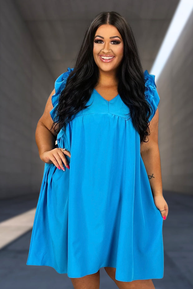SALE!! 38 SSS-L {Long Lost Love}  Blue V-Neck Babydoll Dress PLUS SIZE XL 2X 3X