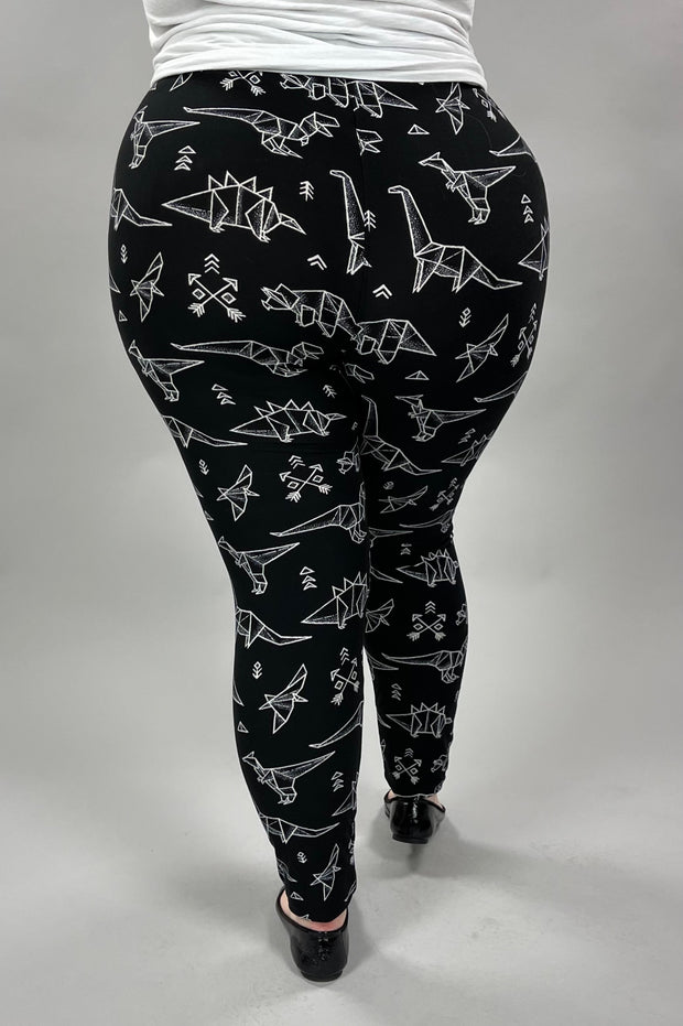 LEG-45 {Dino} Black Dinosaur Print Leggings EXTENDED PLUS SIZE 3X/5X