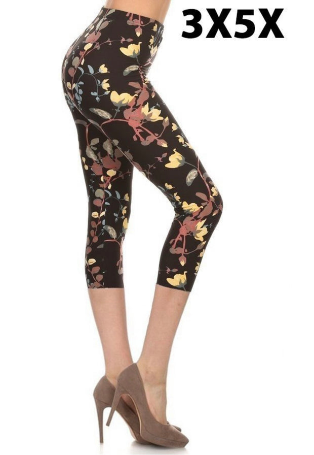LEG-7 {Blooming Tree} Yellow Floral Butter Soft Capri Leggings  EXTENDED PLUS SIZE 3X/5X