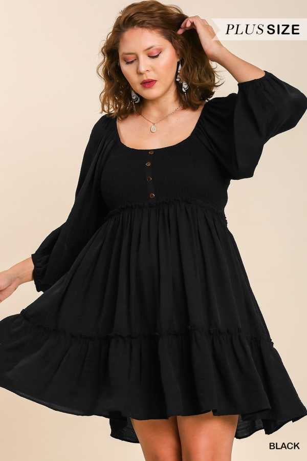 SALE!!  46 SQ-C {Into Bliss} Umgee Black Smocked Dress PLUS SIZE XL 1X 2X