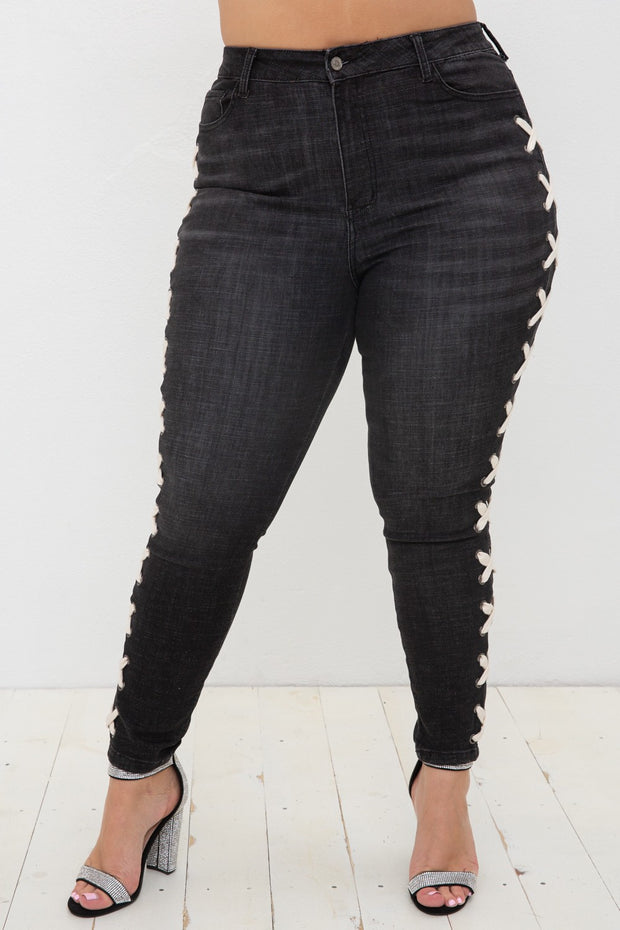 BT {Vocal Criss Cross} Black Jeans w/Side Criss Cross PLUS SIZE XL 2X 3X