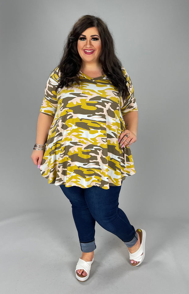 84 PSS-E  {Not The Average} Mustard Camo Print Top PLUS SIZES XL 2X 3X