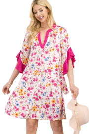 33 CP-B {Flowers Speak To Me} Fuchsia Floral Ruffle Sleeve Dress PLUS SIZE XL 2X 3X