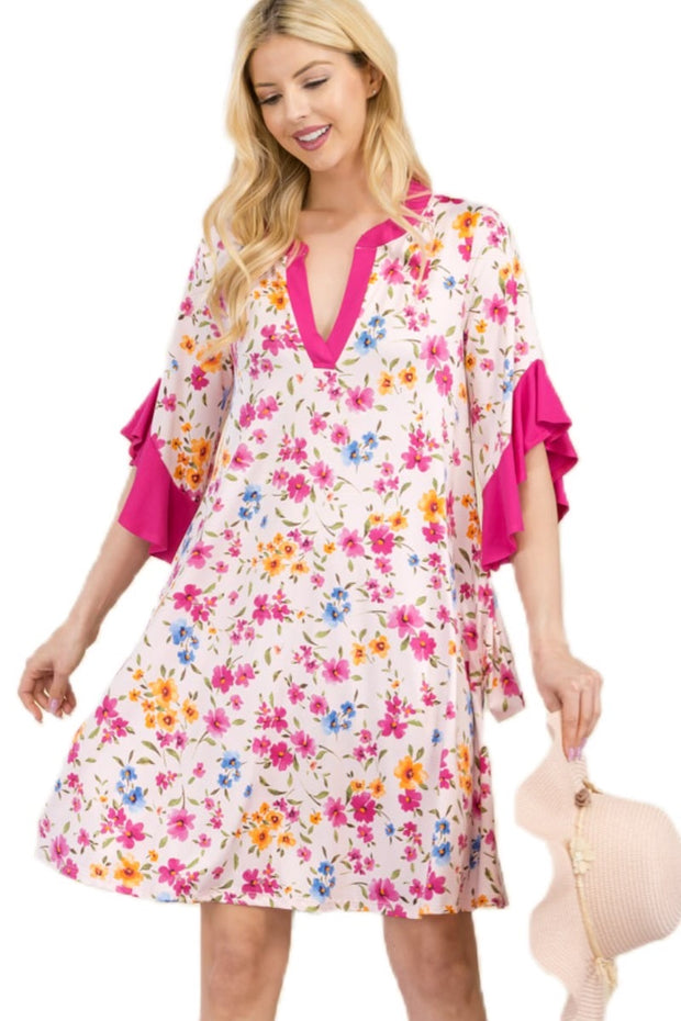 33 CP-B {Flowers Speak To Me} Fuchsia Floral Ruffle Sleeve Dress PLUS SIZE XL 2X 3X