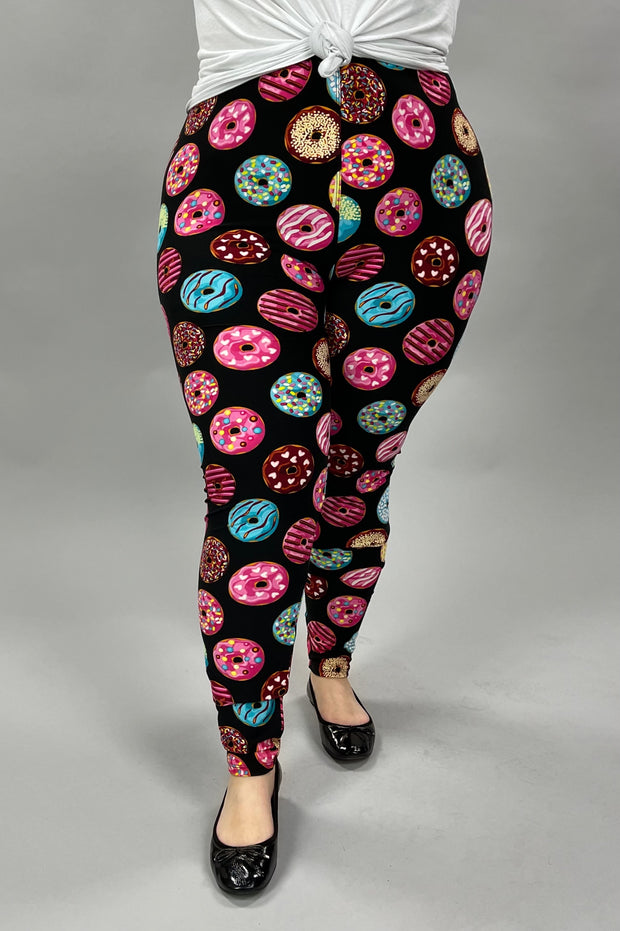 LEG-50 {Donut Shop}  Donut Printed Black Leggings  EXTENDED PLUS SIZE 3X/5X