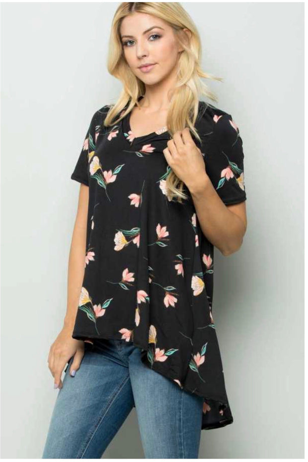 PSS-G  {Marvelous Magic} Black Floral Print Hi-Low Tunic PLUS SIZE 1X 2X 3X