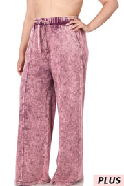 LEG-35 {Dressing For Me} Burgundy Acid Wash Wide Leg Joggers PLUS SIZE 1X 2X 3X