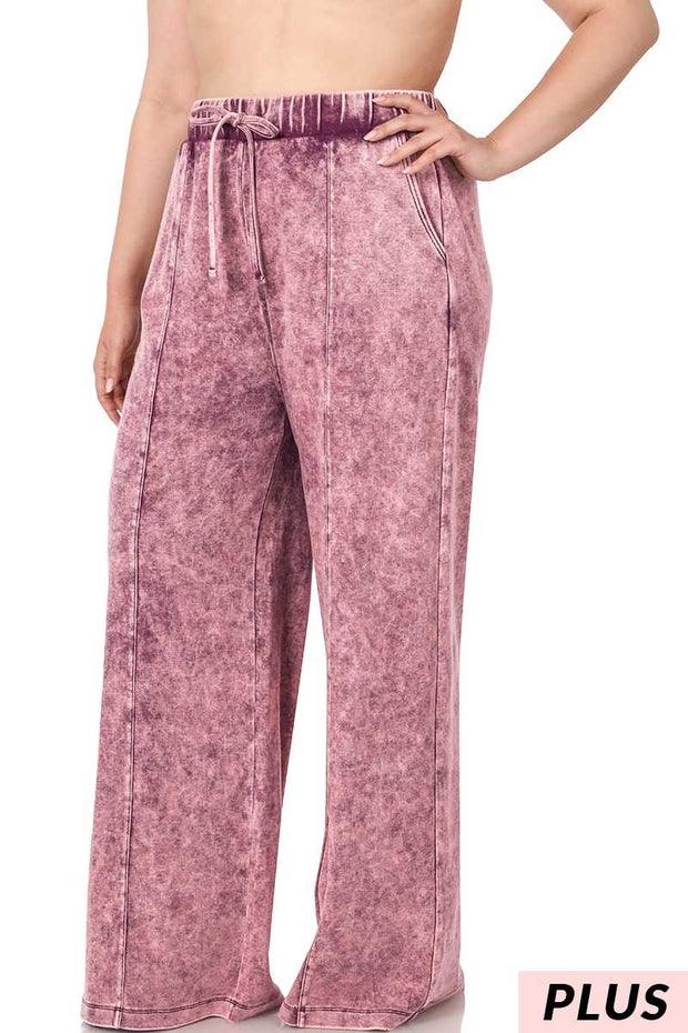 LEG-35 {Dressing For Me} Burgundy Acid Wash Wide Leg Joggers PLUS SIZE 1X 2X 3X