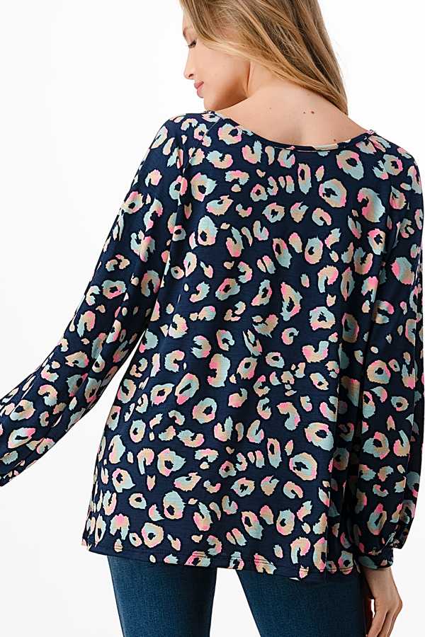14 PLS {Trying My Best} Navy/Pink/Teal Leopard V-Neck Top