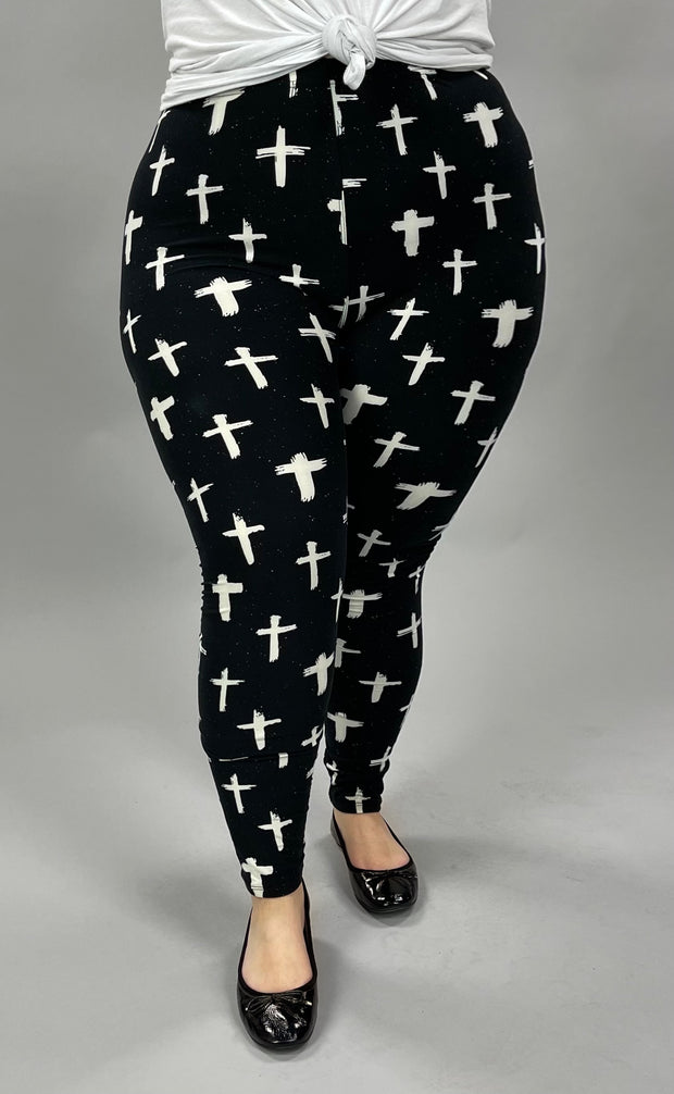 LEG-49 {Glamorous Crosses} Cross Printed Black Leggings EXTENDED PLUS SIZE 3X/5X