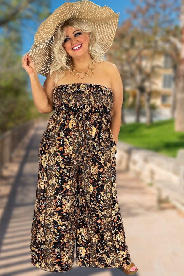 LD-Z or 46 {Luxe Standard} Brown Floral Smocked Romper PLUS SIZE XL 1X 2X