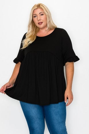 29 SSS-D {Curvy Is My Fav} Black Babydoll Ruffle Sleeve Tunic  PLUS SIZE XL 2X 3X  (May Size Down 1 Size)
