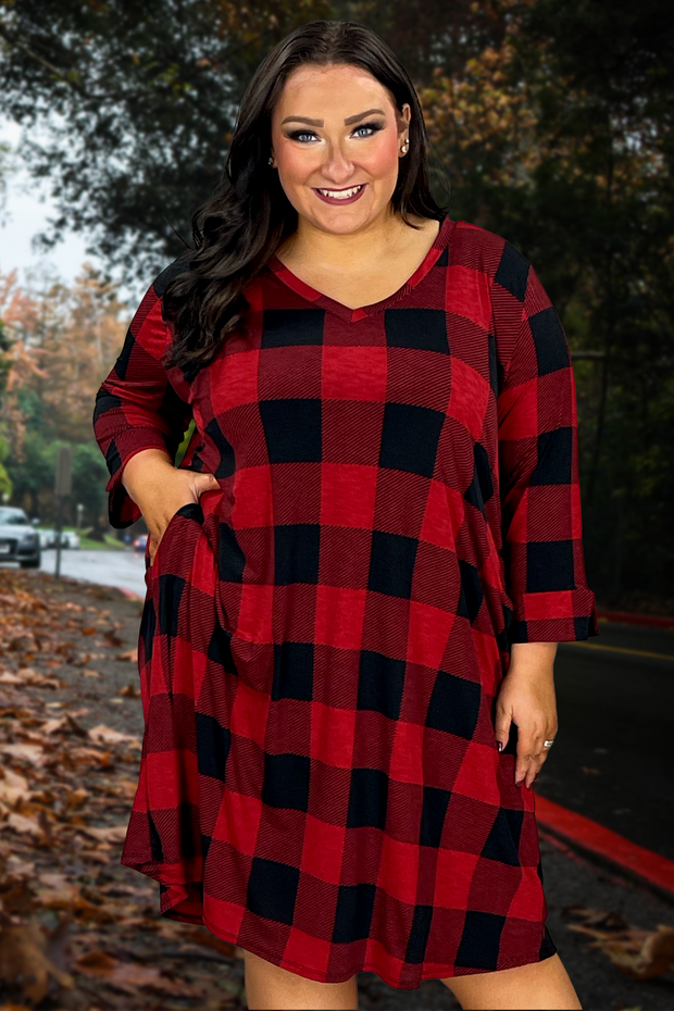 44 PQ-D {One Plaid Up} Red Plaid Print V-Neck Dress PLUS SIZE 1X 2X 3X