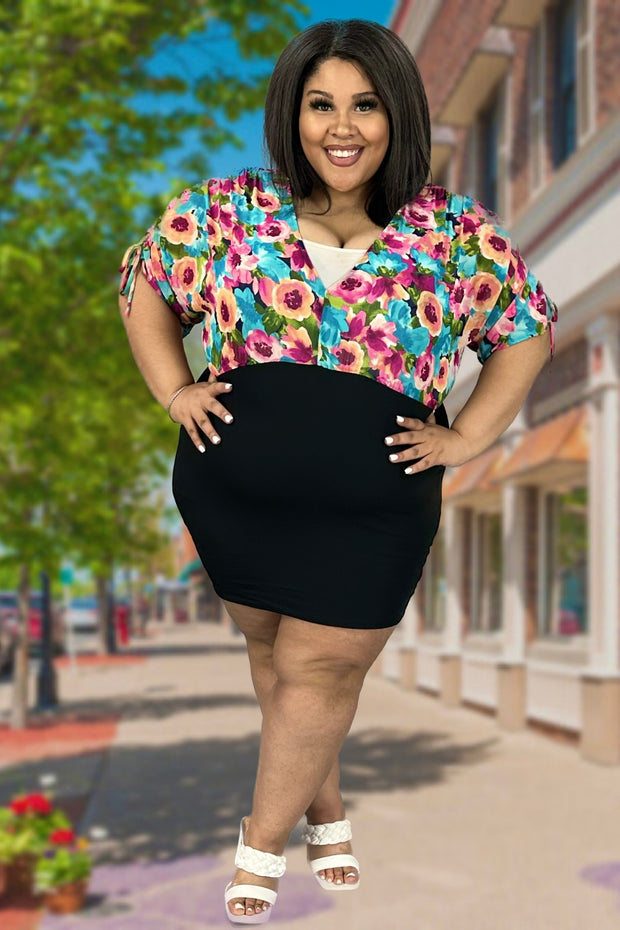 32 PSS-Q {Plant Your Roots} Black Floral Print V-Neck Dress PLUS SIZE XL 2X 3X
