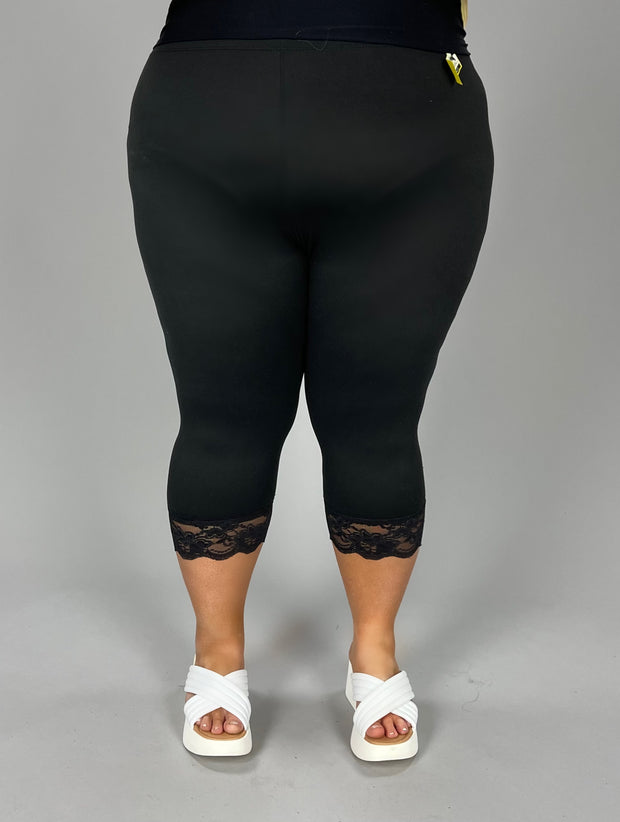 LEG-78 {Paris Mode} Black Lace Hem Capri Leggings PLUS SIZE XL 2X 3X (True To Size}