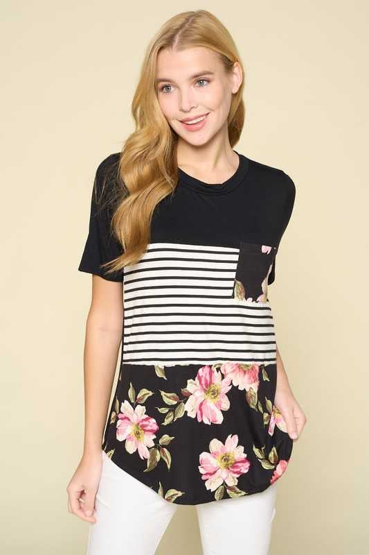 82 CP-M {All In Good Time} Black  Stripe Floral Print Top PLUS SIZE XL 2X 3X