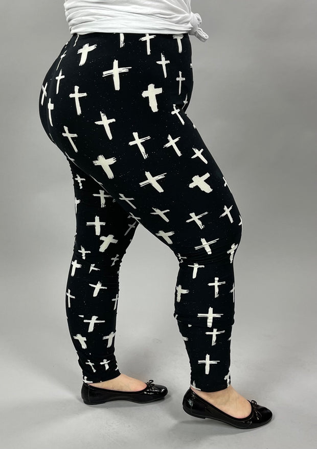 LEG-49 {Glamorous Crosses} Cross Printed Black Leggings EXTENDED PLUS SIZE 3X/5X