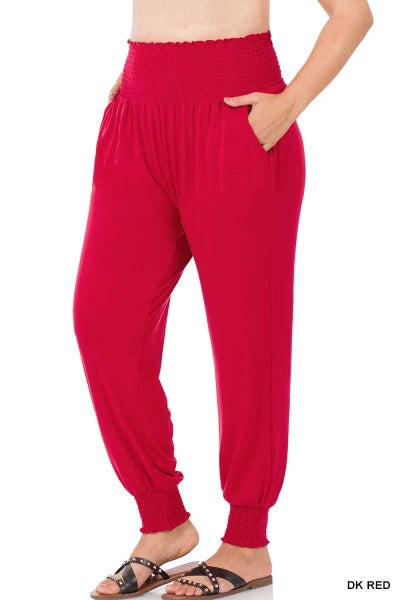 LEG-4 {Going Anywhere}  Dk. Red Smocked Cuff Jogging Pants