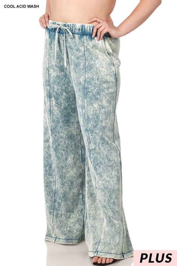LEG-35 {Dressing For Me} Teal Acid Wash Wide Leg Joggers PLUS SIZE 1X 2X 3X