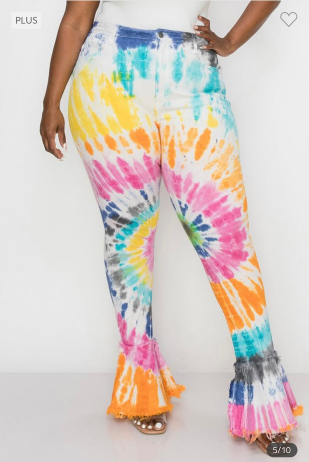 LEG-76 {The Map} Ivory Tie Dye Frayed Hem Jeans  PLUS SIZE 1X 2X 3X