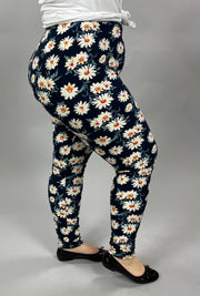 LEG-52 {Blue Daisy}  Navy Daisy Printed Leggings EXTENDED PLUS SIZE