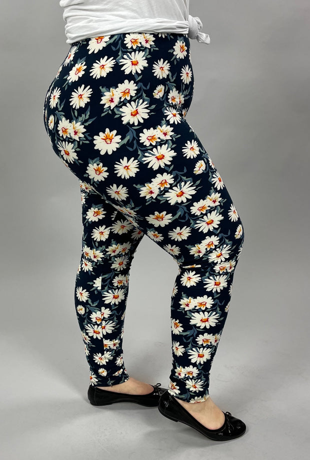 LEG-52 {Blue Daisy}  Navy Daisy Printed Leggings EXTENDED PLUS SIZE