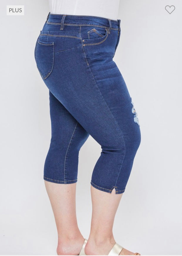 LEG-33 {Royalty For Me} Dark Indigo Ripped Capri Jeans EXTENDED PLUS SIZE 14 16 18 20 22 24