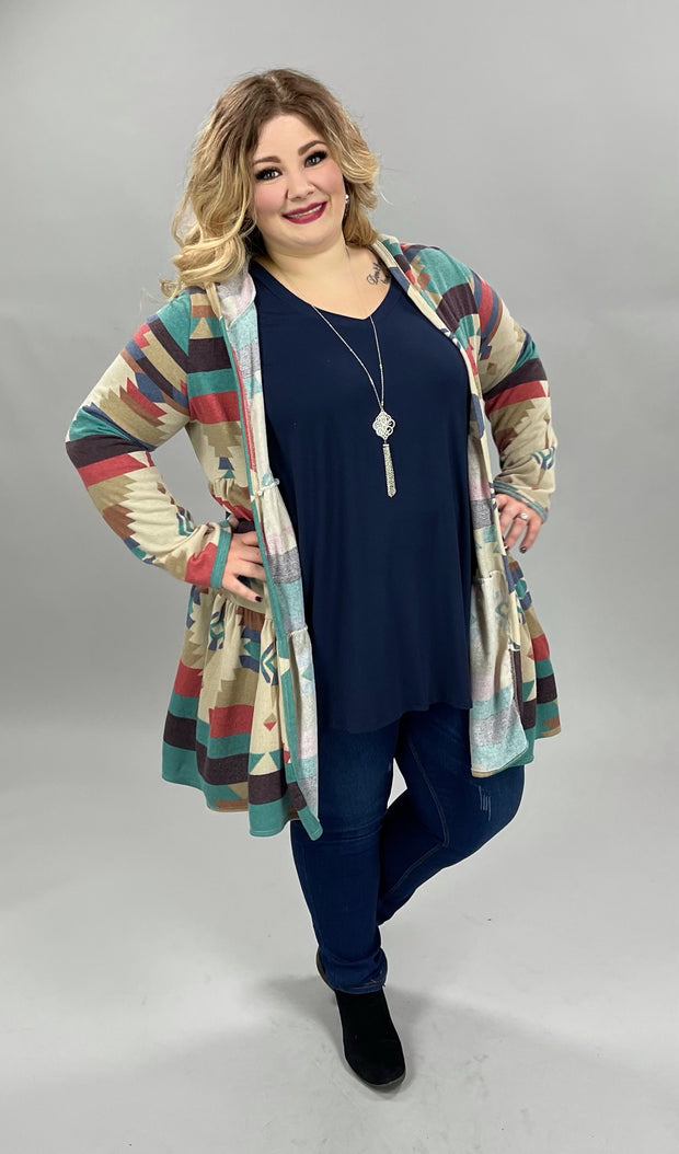 12 OT-O {Happy Mood} Taupe Tribal Print Tiered Cardigan W/Hood PLUS SIZE 1X 2X 3X