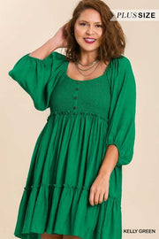 SALE!!  46 SQ-B {Into Bliss} Umgee Kelly Green Smocked Dress PLUS SIZE XL 1X 2X