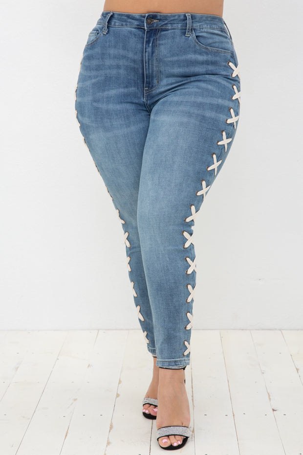 LEG-39 {Vocal Criss Cross} Blue Jeans w/Side Criss Cross PLUS SIZE XL 2X 3X