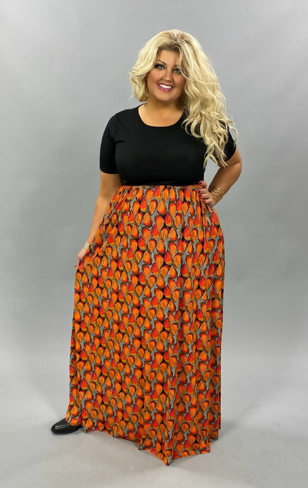 LD-D {Fall Festival) } Black & Orange Print Maxi Dress PLUS SIZE 1X 2X 3X