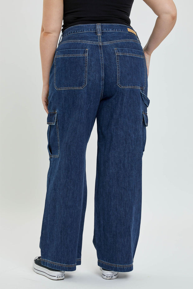 LEG-58 {Ms Cello} Dark Denim Baggy Cargo Jeans EXTENDED PLUS SIZE 14 16 18 20 22